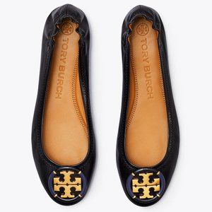 Tory Burch Enamel Logo Leather Ballet Flats Perfect Black Gold Heel Details